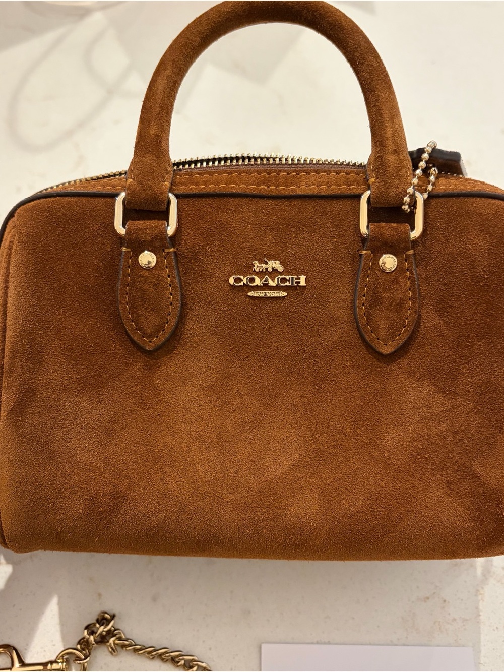 Coach Mini Suede Satchel in Chestnut Brown with Gold Hardware